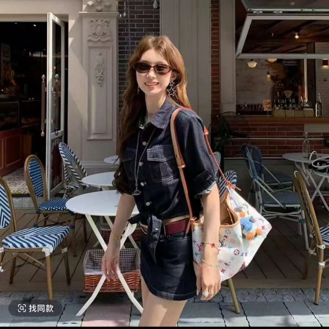 단 닝 소녀 차가운 바람의 소리 달콤한 매운맛 바람 십자가 스트랩 원본 암소 데님 셔츠 레트로 반신 스커트 패션 이미지 4