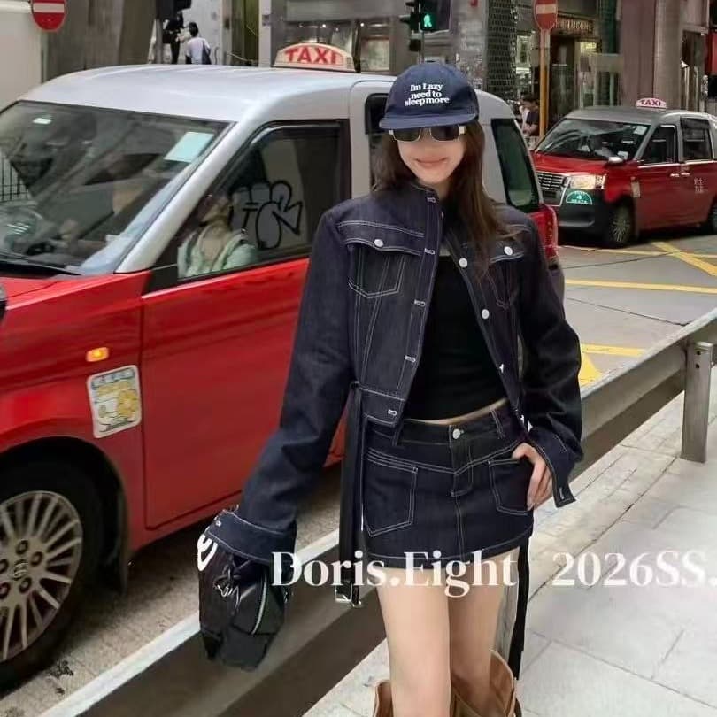 doris eight 두 조각 여성 세트 2026 가을 새로운 레트로 스탠드 칼라 데님 재킷 반신 스커트 여성 이미지 5