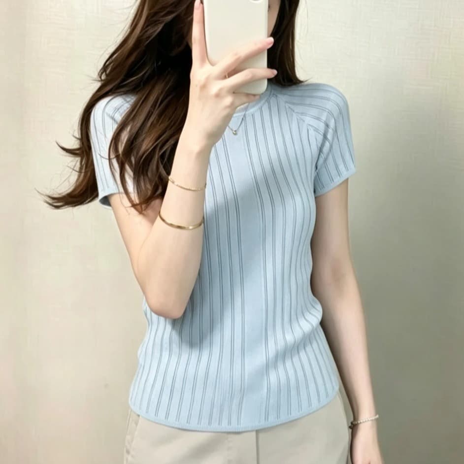 한 부서 파란색 질감 센스 홀로우 아웃 얼음 실크 니트 반팔 긍정적 인 어깨 티셔츠 여성 여름 몸매 가꾸기 허리 수축 쇼트 스타일 맨위 이미지 5