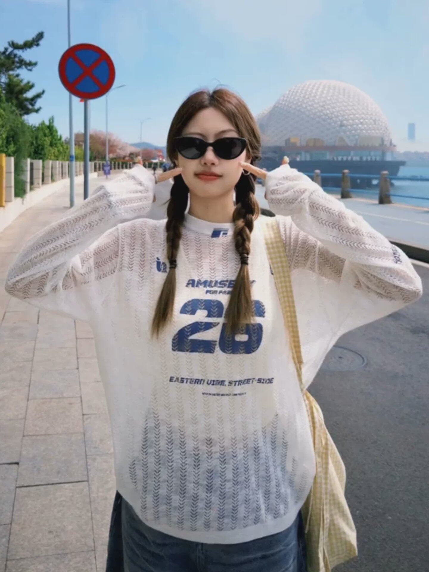 빅 사이즈 여성 의류 홀로우 아웃 얇은 스타일 자외선 차단 니트 블라우스 2026 여름 지방 mm 슬림해 보이는 표지 고기 루즈핏 긴팔 맨위 이미지 2