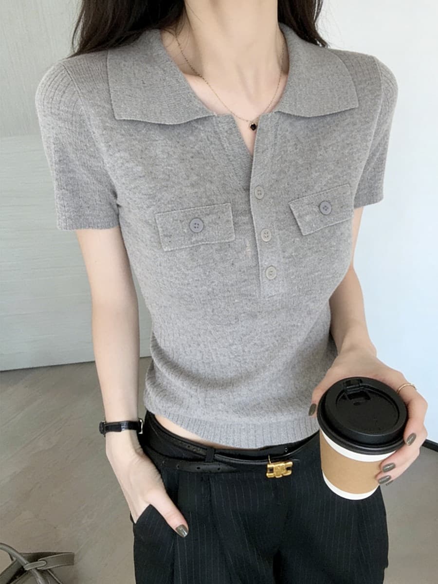 오래된 돈 바람 POLO 칼라 긍정적 인 어깨 반팔 티셔츠 여성 여름 고급 센스 몸매 가꾸기 쇼트 스타일 니트 스웨터 폴로 칼라 맨위 얇은 이미지 4