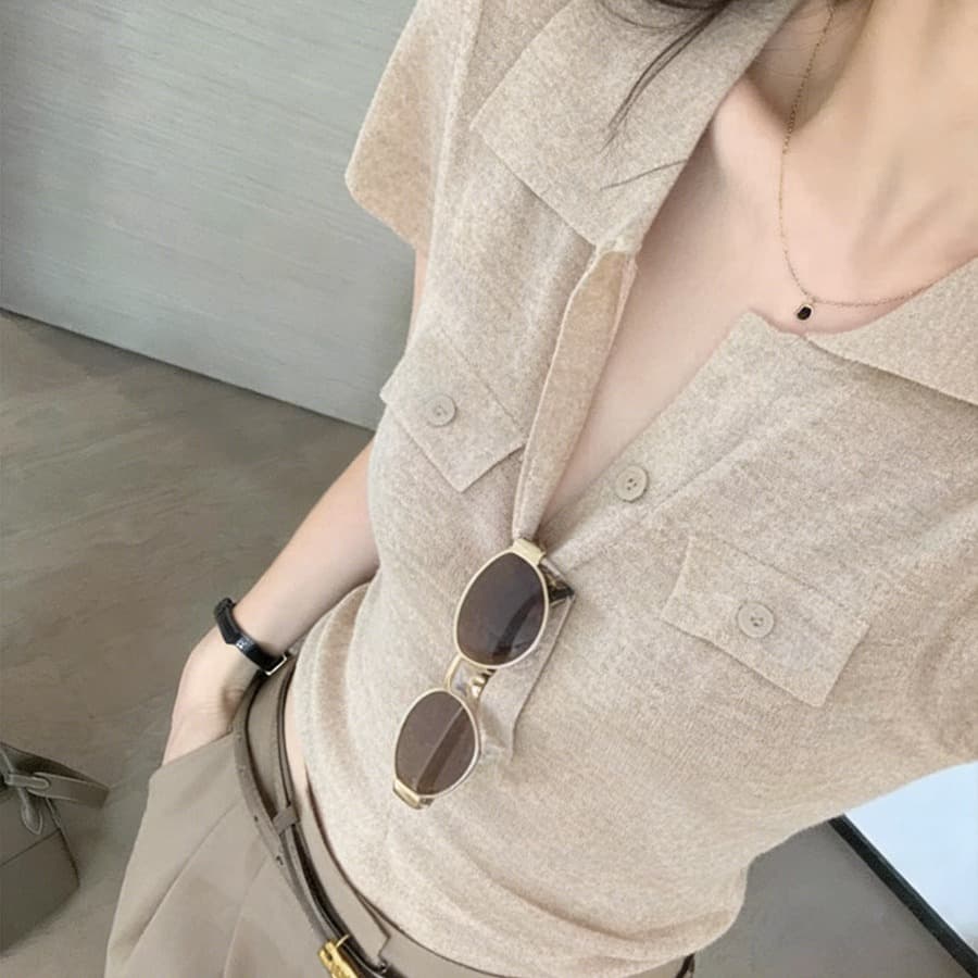 오래된 돈 바람 POLO 칼라 긍정적 인 어깨 반팔 티셔츠 여성 여름 고급 센스 몸매 가꾸기 쇼트 스타일 니트 스웨터 폴로 칼라 맨위 얇은