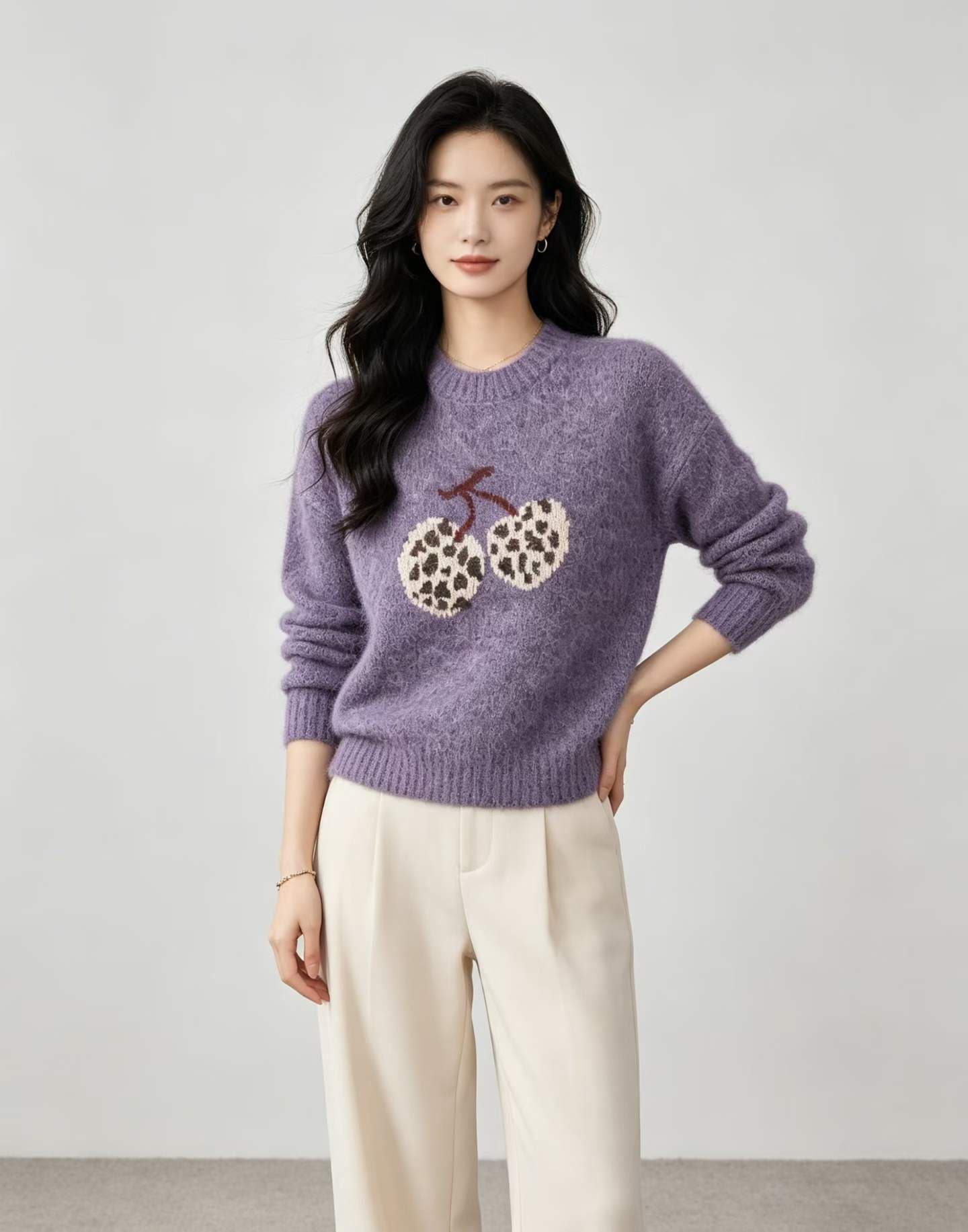 향기로운 芋 보라색 레오파드 무늬 체리 모헤어 스웨터 여자 가을 겨울 부드러운 찹쌀 느긋한 루즈핏 라운드 넥 니트 만나는 맨위 이미지 2
