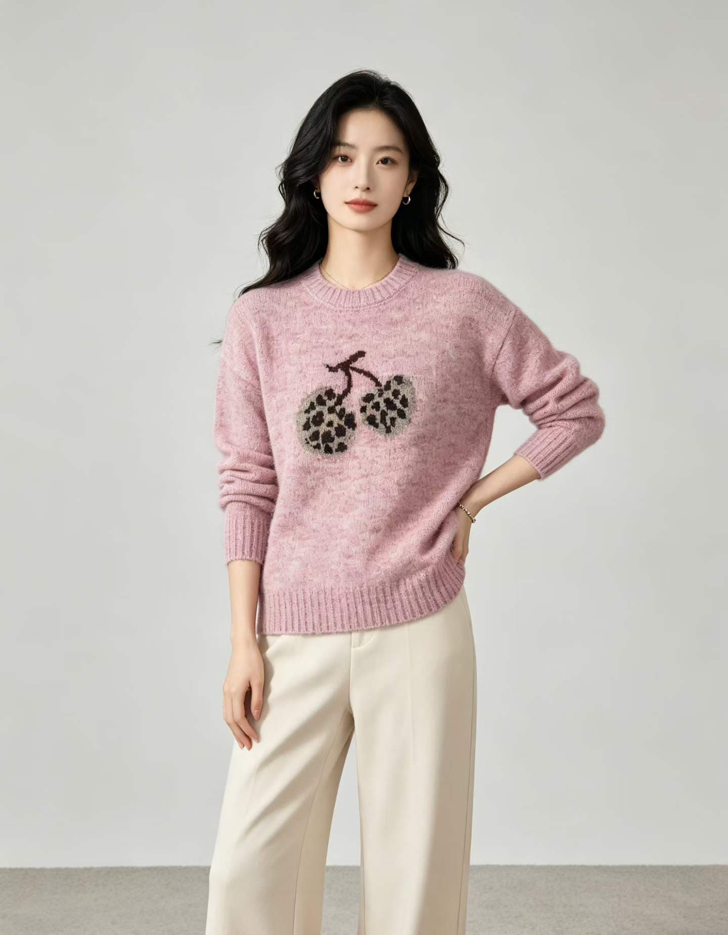 향기로운 芋 보라색 레오파드 무늬 체리 모헤어 스웨터 여자 가을 겨울 부드러운 찹쌀 느긋한 루즈핏 라운드 넥 니트 만나는 맨위 상세 이미지 3