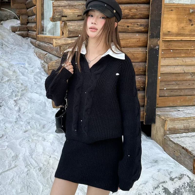 한 셔츠 칼라 스웨터 세트 여성 패치워크 색상 칼라 페이크 레이어드 맨위 하이웨이스트 미니 스커트 투피스 세트 이미지 5