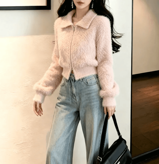 한 부서 폴로 칼라 밍크 플리스 지퍼 오픈 가디건 여성 짧은 부드러운 찹쌀 플리스 스웨터 작은 키 부드러운 가을 겨울 재킷