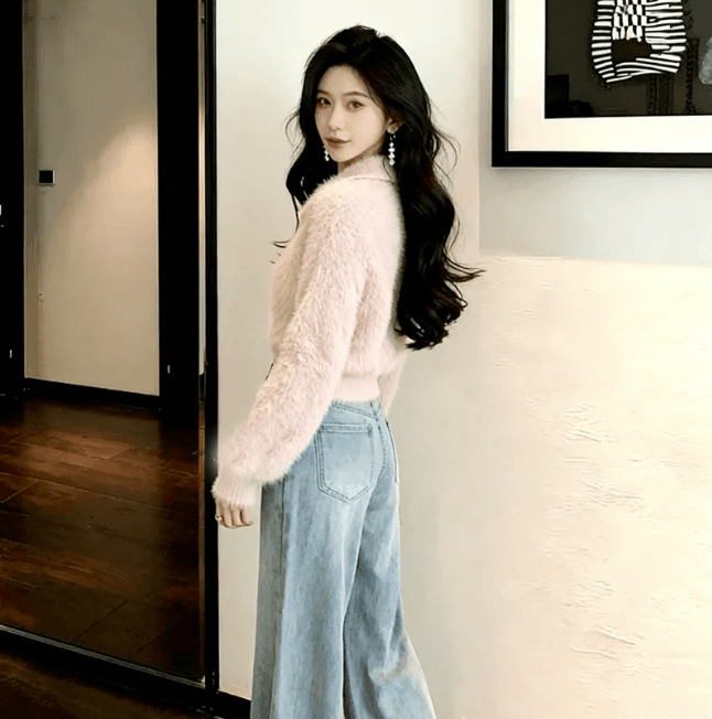 한 부서 폴로 칼라 밍크 플리스 지퍼 오픈 가디건 여성 짧은 부드러운 찹쌀 플리스 스웨터 작은 키 부드러운 가을 겨울 재킷 이미지 4
