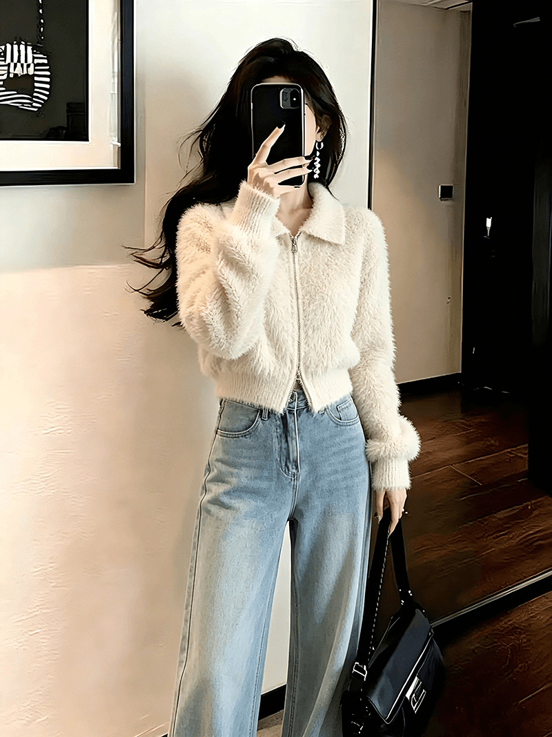 한 부서 폴로 칼라 밍크 플리스 지퍼 오픈 가디건 여성 짧은 부드러운 찹쌀 플리스 스웨터 작은 키 부드러운 가을 겨울 재킷 상세 이미지 4