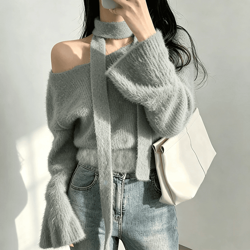 순수한 욕망 행침 목 리본 밍크 플리스 스웨터 여자 가을 겨울 한 단어 오프숄더 나팔 소매 쇼트 스타일 니트 맨위 이미지 3