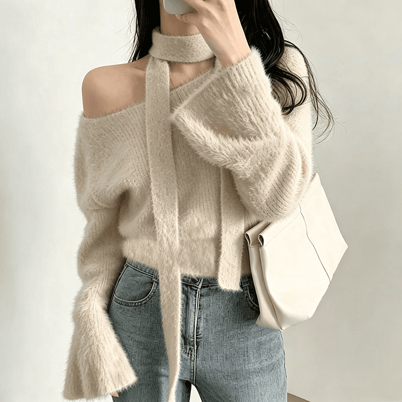 순수한 욕망 행침 목 리본 밍크 플리스 스웨터 여자 가을 겨울 한 단어 오프숄더 나팔 소매 쇼트 스타일 니트 맨위 이미지 5