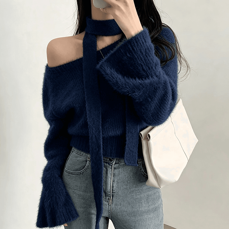 순수한 욕망 행침 목 리본 밍크 플리스 스웨터 여자 가을 겨울 한 단어 오프숄더 나팔 소매 쇼트 스타일 니트 맨위 상세 이미지 4