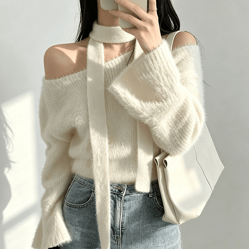 순수한 욕망 행침 목 리본 밍크 플리스 스웨터 여자 가을 겨울 한 단어 오프숄더 나팔 소매 쇼트 스타일 니트 맨위 상세 이미지 6