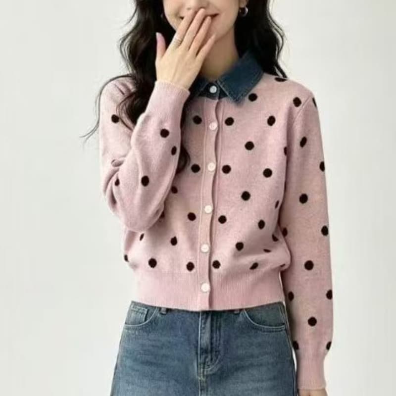 프랑스식 도트 무늬 페이크 레이어드 데님 패치워크 POLO 칼라 니트 스웨터 부드러운 찹쌀 연령 감소 스웨터 코트 가을 겨울철 새로운 이미지 5