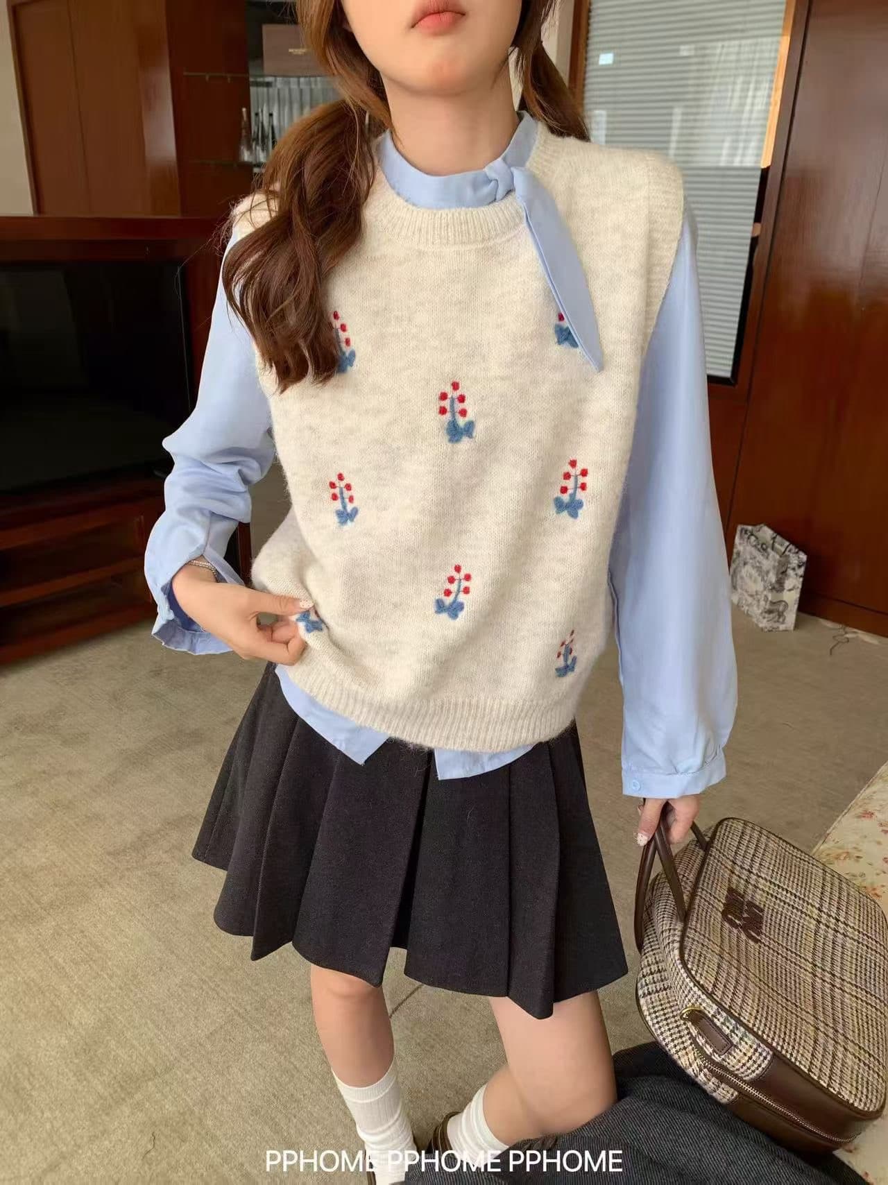 달콤함 자수 꽃 스웨터 조끼 여자 풀오버 루즈핏 봄 가을 매칭 셔츠 스택 착용 연령 감소 니트 조끼 맨위 상세 이미지 1