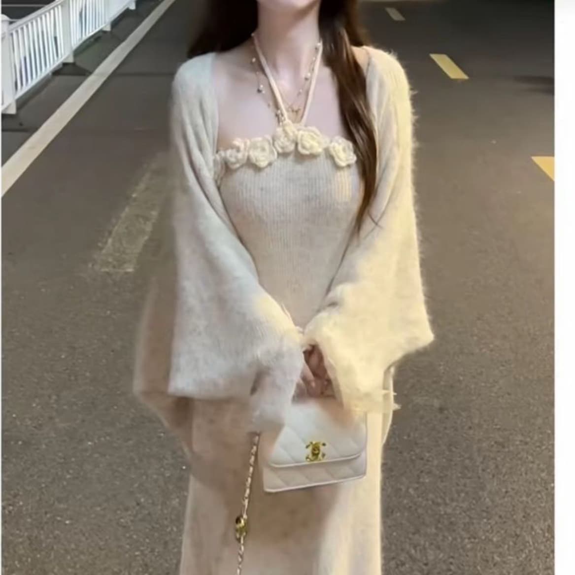 레이스 조각 니트 오픈 가디건 행침 목 슬림해 보이는 몸매 가꾸기 드레스 두 조각 여성 세트 상세 이미지 4