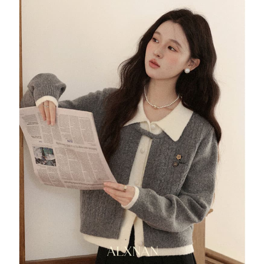가을의 날 기하학 프랑스식 디자인 센스 니트 스웨터 재킷 페이크 레이어드 회색 스웨터 맨위 여성 겨울 상세 이미지 1