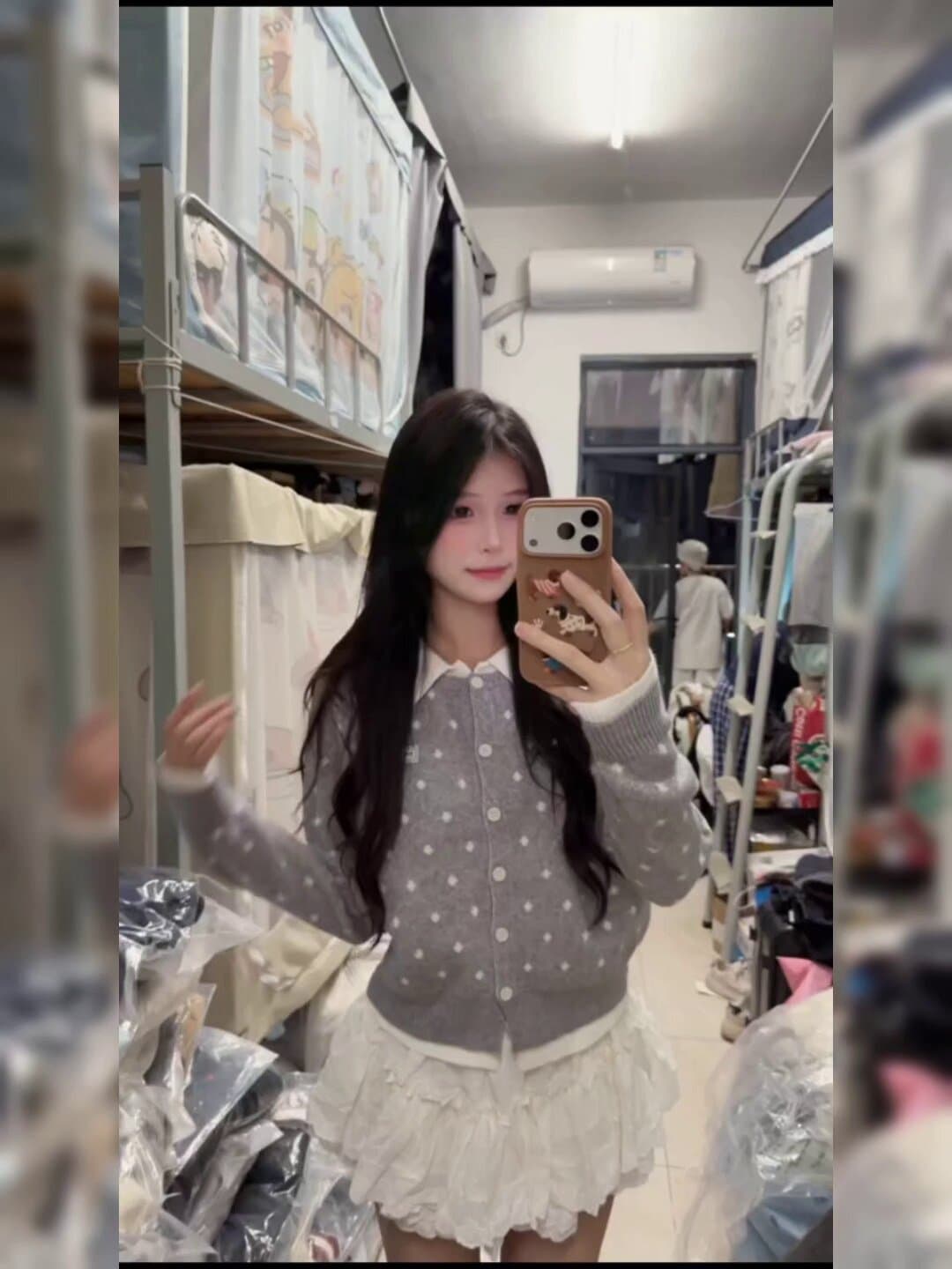 회색 도트 무늬 페이크 레이어드 니트 오픈 가디건 여성 가을 겨울철 쇼트 스타일 polo 폴로 칼라 스웨터 코트 맨위 조기 봄