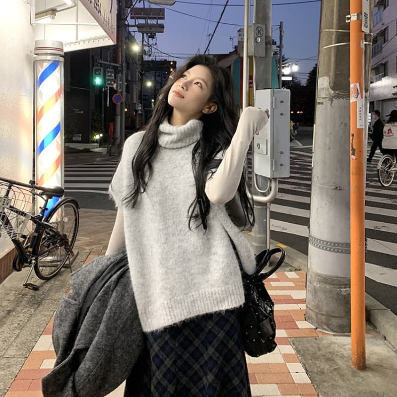 느긋한 바람 터틀넥 스웨터 베스트 조끼 여성 가을 겨울 한국 스타일 와이드 부드러운 찹쌀 니트 스택 착용 민소매 품격 맨위 이미지 5