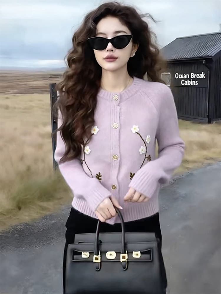 한 부서 꽃 가지 자수 니트 오픈 가디건 베이지 색 부드러운 찹쌀 양모 질감 루즈핏 슬림해 보이는 출퇴근 스웨터 여성 코트 상세 이미지 4