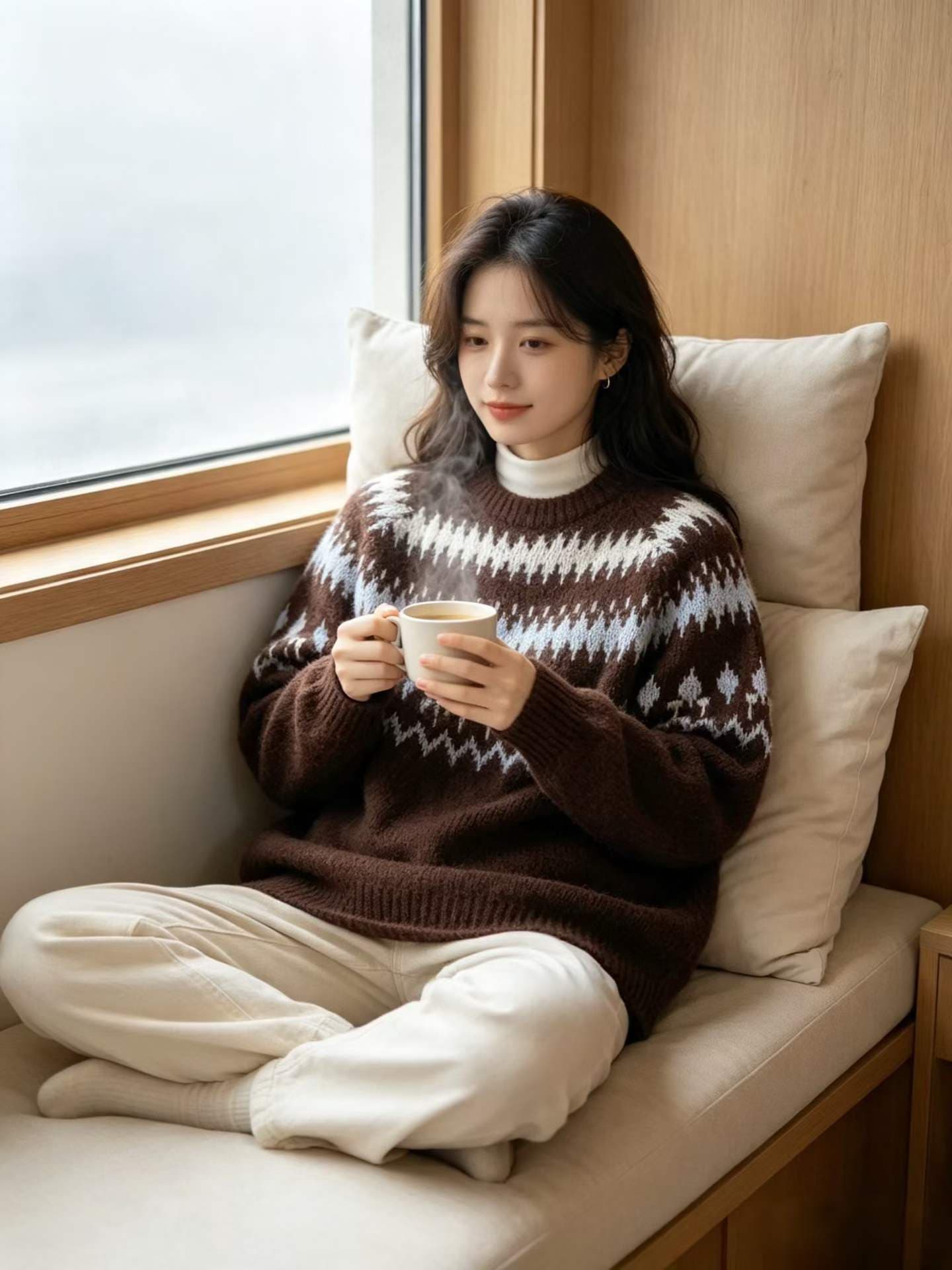 아름다움 라드. 브라운 공정한 섬 무늬 스웨터 레트로 느긋한 바람 두꺼운 보온 풀오버 니트 스웨터 여성 겨울 이미지 2