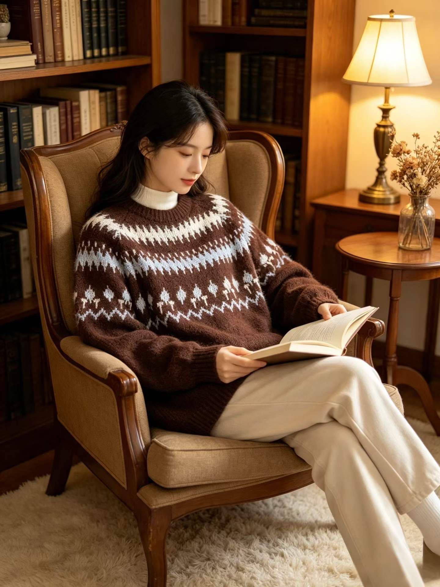 아름다움 라드. 브라운 공정한 섬 무늬 스웨터 레트로 느긋한 바람 두꺼운 보온 풀오버 니트 스웨터 여성 겨울 이미지 4