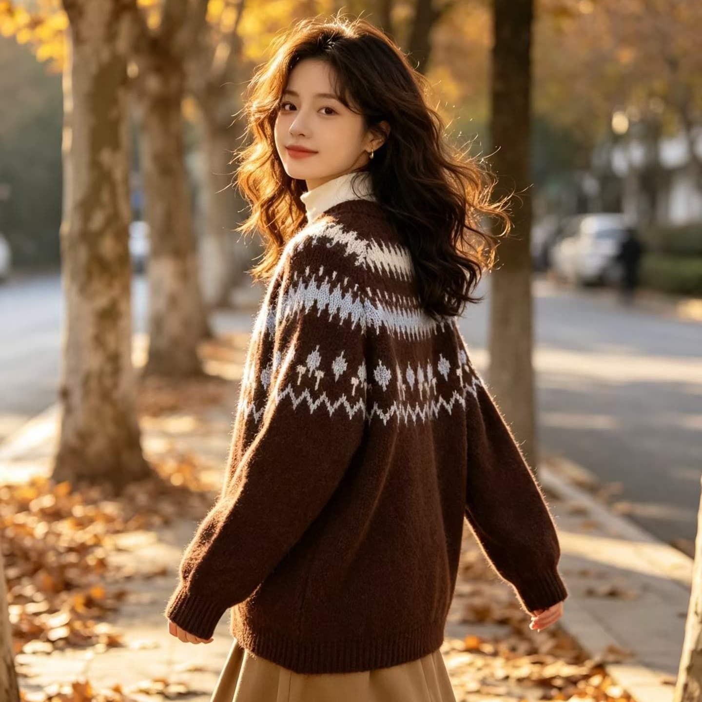 아름다움 라드. 브라운 공정한 섬 무늬 스웨터 레트로 느긋한 바람 두꺼운 보온 풀오버 니트 스웨터 여성 겨울 이미지 5