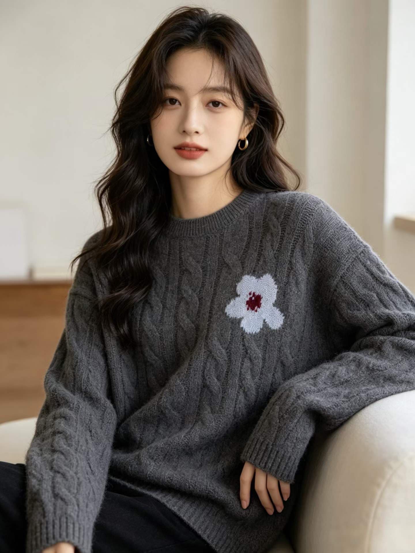 한 부서 레트로 꽈배기 자수 스웨터 고급 회색 루즈핏 슬림해 보이는 다용도 부드러운 찹쌀 니트 풀오버 셔츠 여성 가을 겨울철