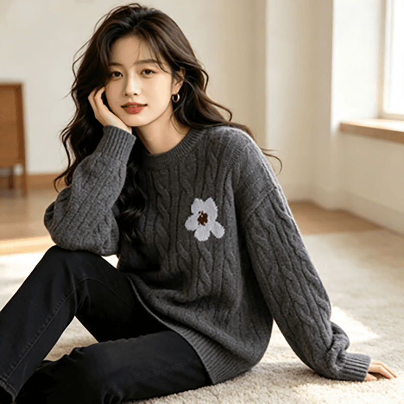 한 부서 레트로 꽈배기 자수 스웨터 고급 회색 루즈핏 슬림해 보이는 다용도 부드러운 찹쌀 니트 풀오버 셔츠 여성 가을 겨울철 이미지 3
