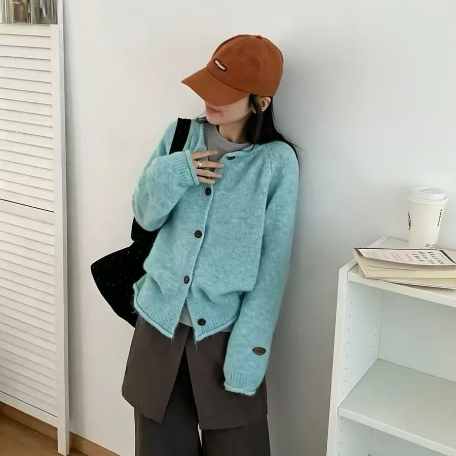 ins 바람 기초 섹션 라운드 넥 니트 오픈 가디건 기타 색상 시스템 부드러운 찹쌀 프로 피부 루즈핏 느긋한 스웨터 외출용 맨위 여성 이미지 2