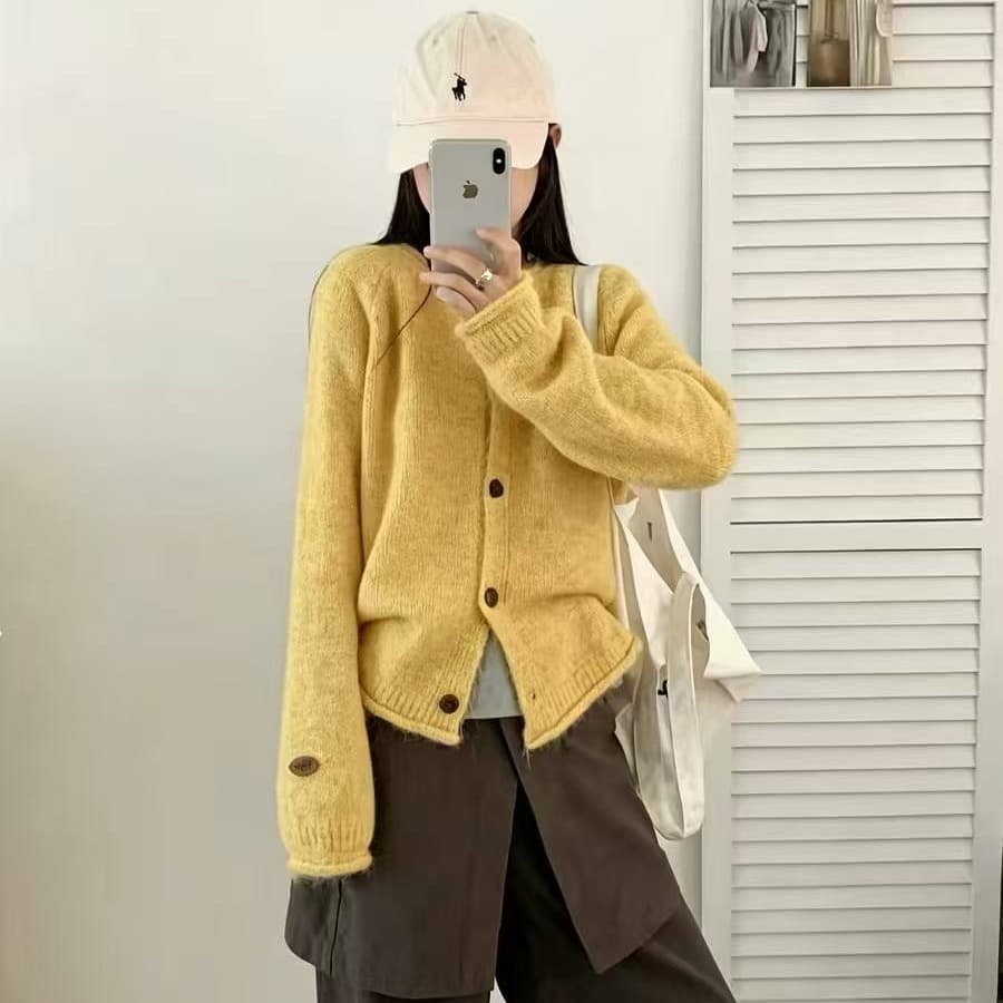 ins 바람 기초 섹션 라운드 넥 니트 오픈 가디건 기타 색상 시스템 부드러운 찹쌀 프로 피부 루즈핏 느긋한 스웨터 외출용 맨위 여성 이미지 5