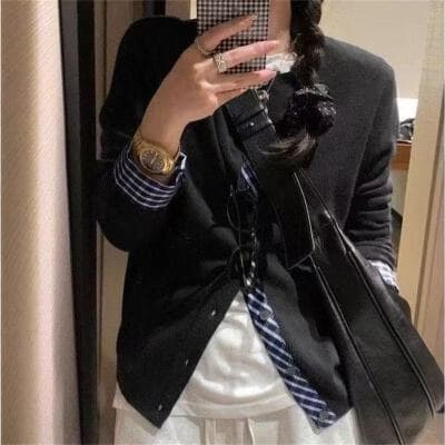 한 부서 가을 겨울 페이크 레이어드 니트 스웨터 오픈 가디건 여성 코트 2026 새로운 인사이드 가져 가라. 만나는 이른 가을 착용 잡아라. 의류 상세 이미지 1
