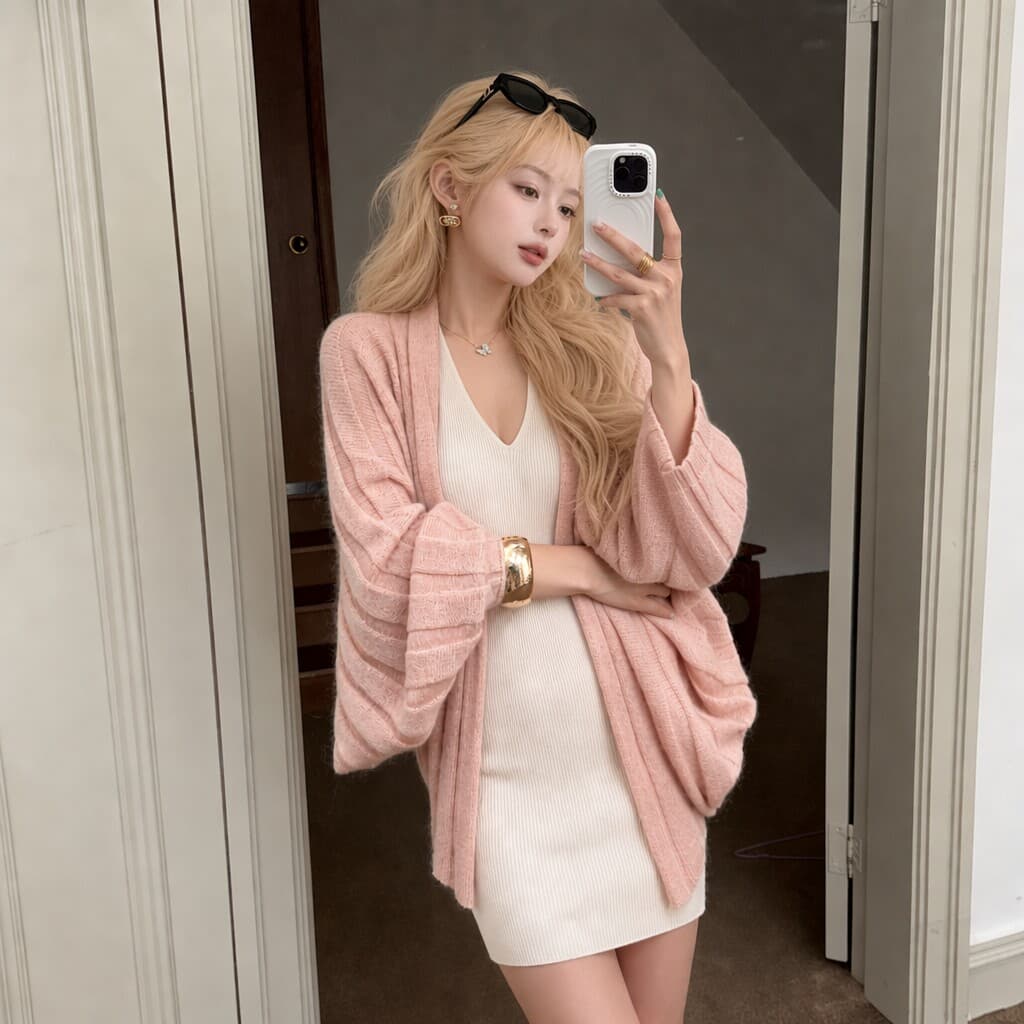 부드러운 바람 핑크색 배트윙 소매 니트 오픈 가디건 여성 가을 루즈핏 느긋한 사선 무늬 부드러운 찹쌀 숄 외부 가져 가라. 블라우스
