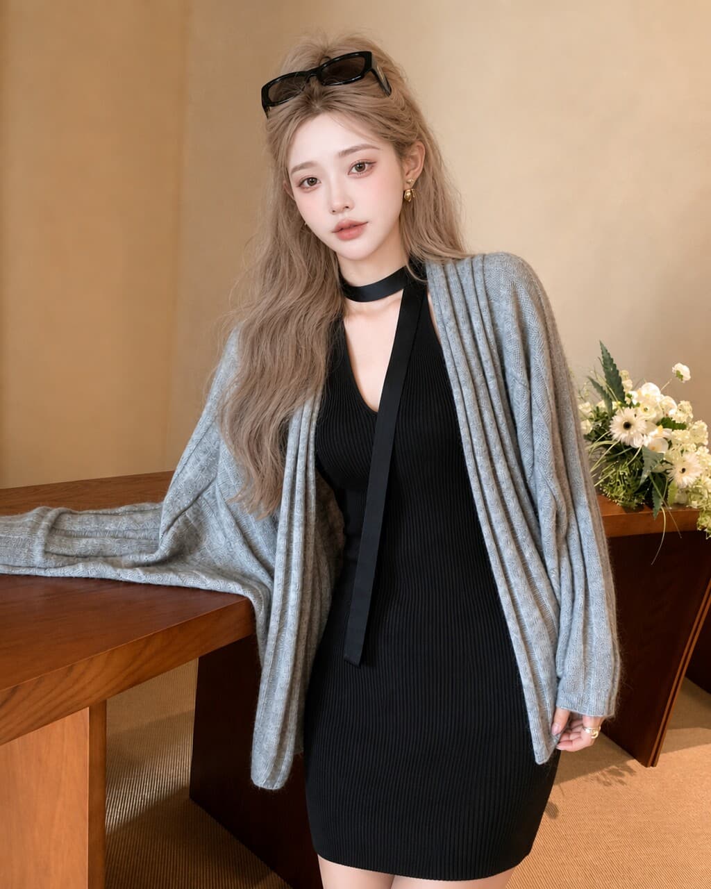 부드러운 바람 핑크색 배트윙 소매 니트 오픈 가디건 여성 가을 루즈핏 느긋한 사선 무늬 부드러운 찹쌀 숄 외부 가져 가라. 블라우스 상세 이미지 3