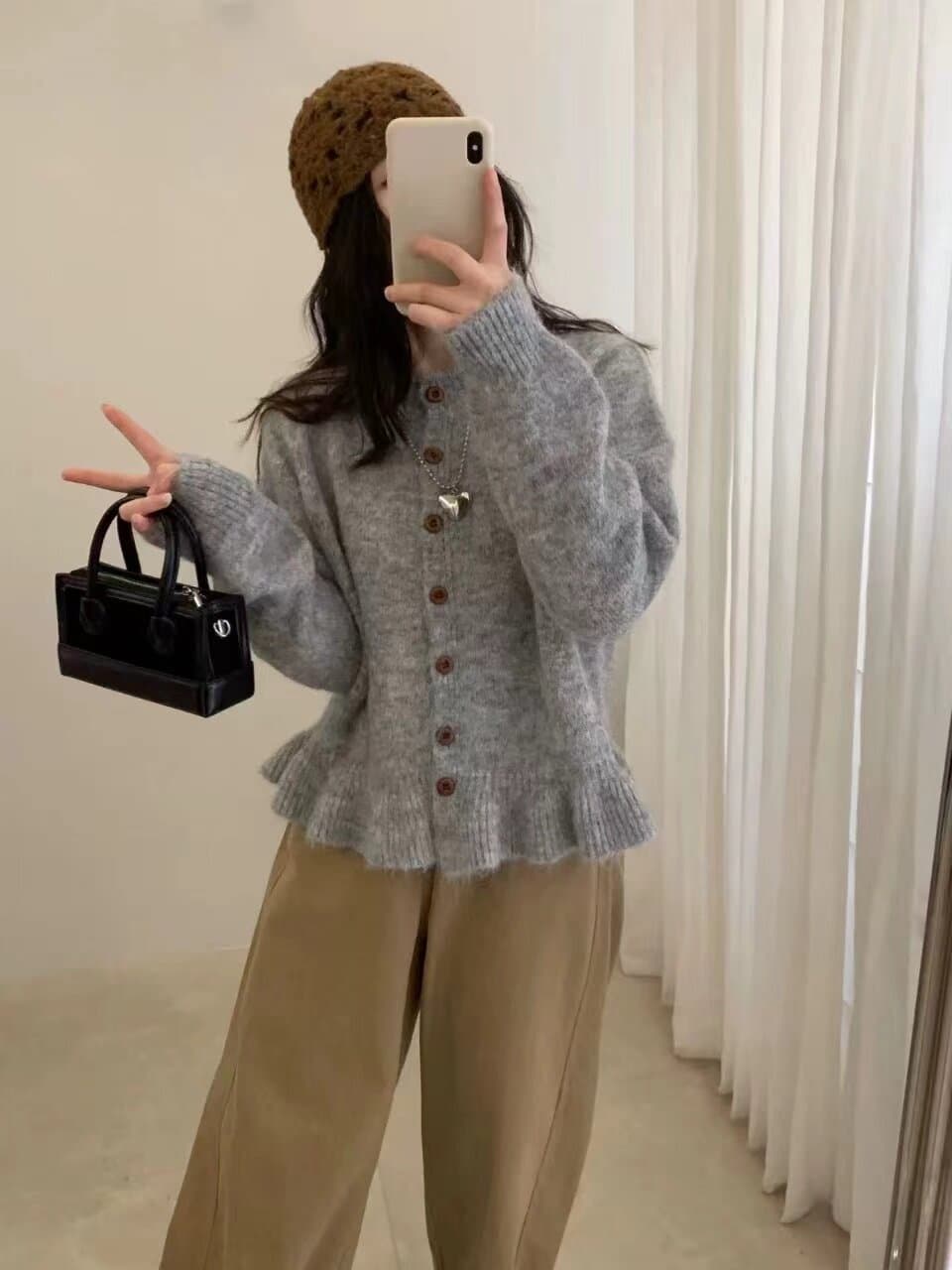 한 부서 라운드 넥 나무 버클 프릴 니트 오픈 가디건 여성 가을 부드러운 찹쌀 루즈핏 느긋한 바람 레이스 스웨터 코트 이미지 4