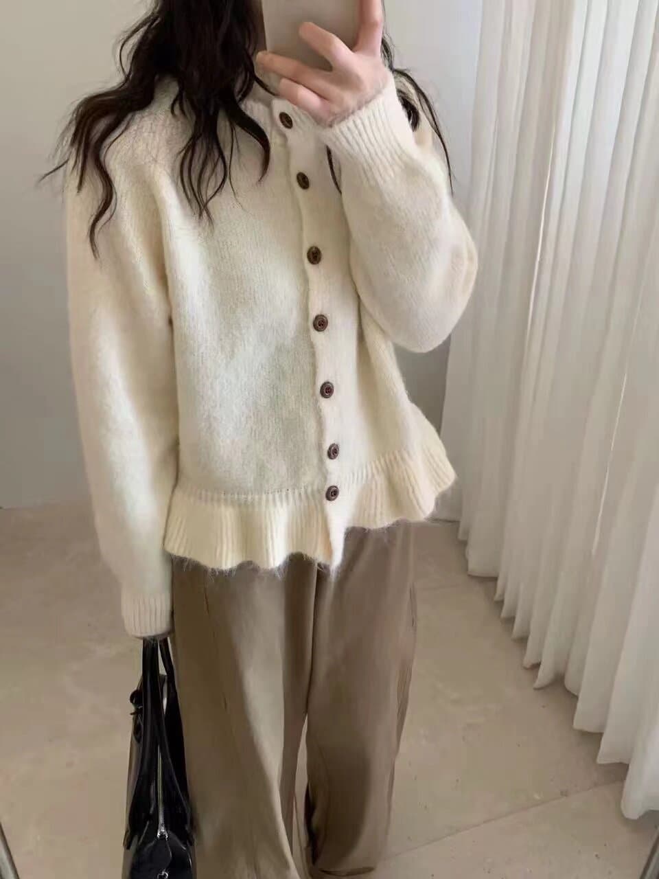 한 부서 라운드 넥 나무 버클 프릴 니트 오픈 가디건 여성 가을 부드러운 찹쌀 루즈핏 느긋한 바람 레이스 스웨터 코트 이미지 2