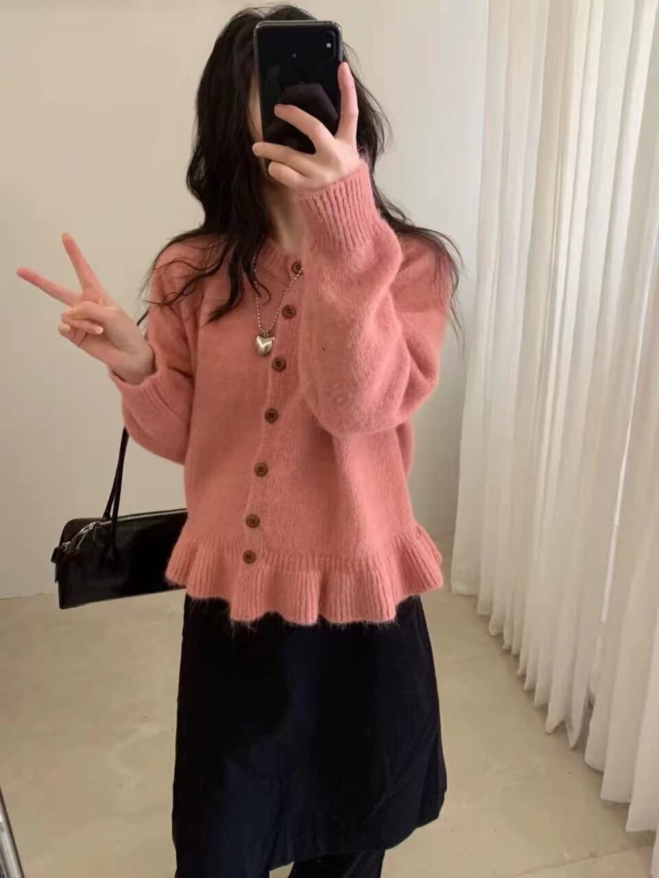한 부서 라운드 넥 나무 버클 프릴 니트 오픈 가디건 여성 가을 부드러운 찹쌀 루즈핏 느긋한 바람 레이스 스웨터 코트 상세 이미지 6