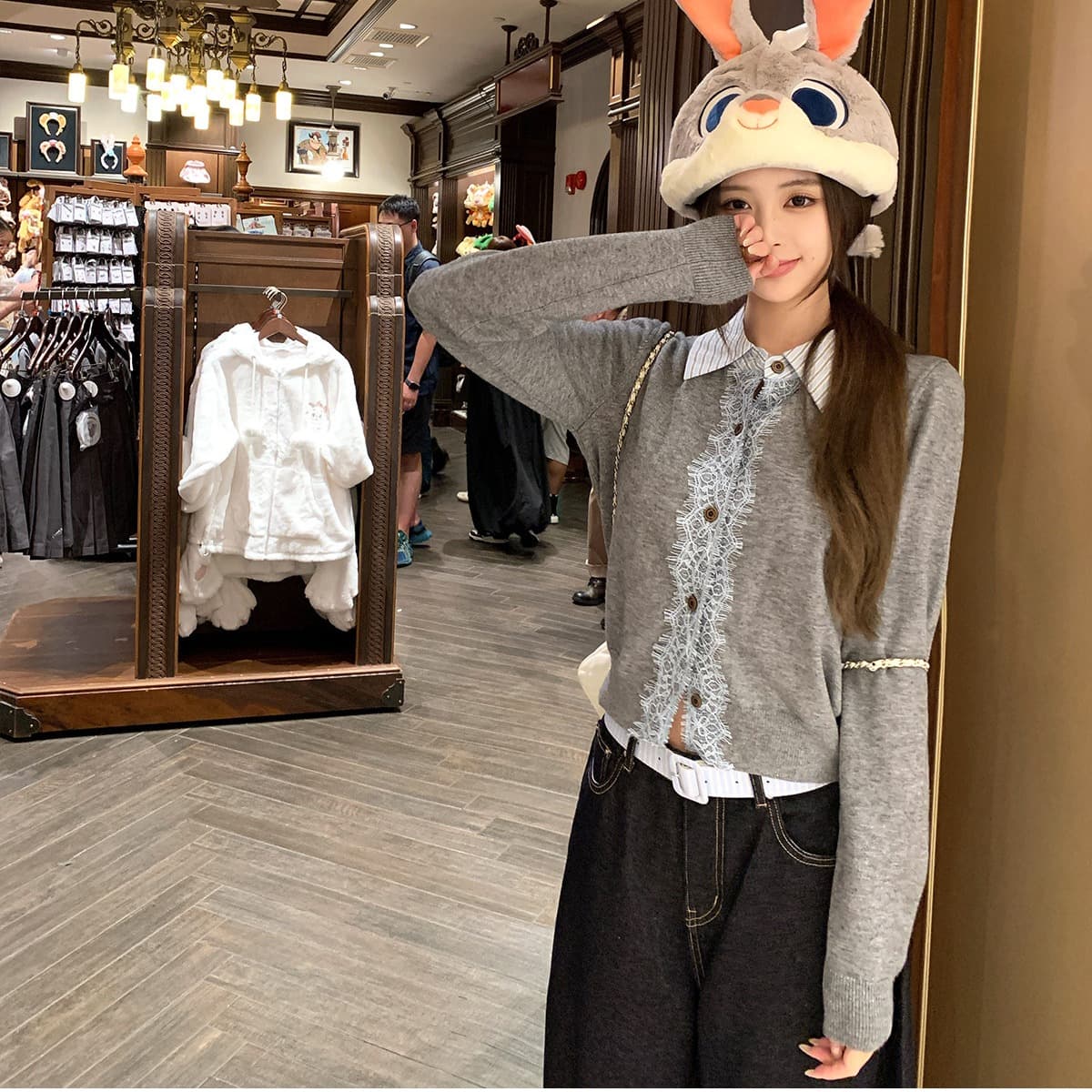 thas9i 9 억 회색 레이스 레이스 패치워크 POLO 칼라 맨위 여성 학원 스타일 페이크 레이어드 니트 오픈 가디건 이미지 3