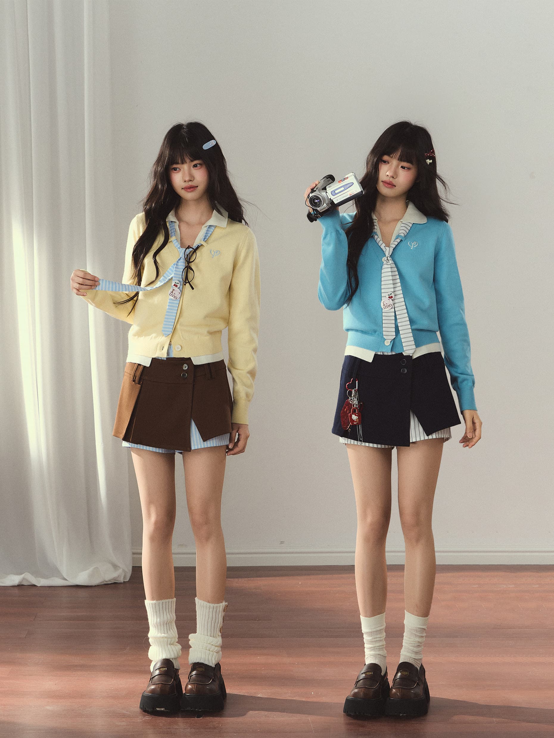 우 버섯 이른 가을 한 부서 소녀 스트라이프 넥타이 배색 페이크 레이어드 V넥 오픈 가디건 슬림해 보이는 털 니트 스웨터 이미지 3
