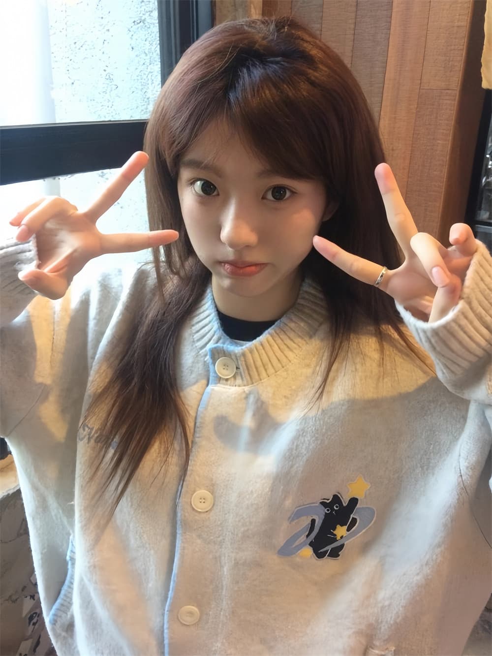 한 부서 귀여운 별 새끼 고양이 자수 니트 오픈 가디건 여성 가을 부드러운 찹쌀 루즈핏 다용도 라운드 넥 스웨터 코트 상세 이미지 1