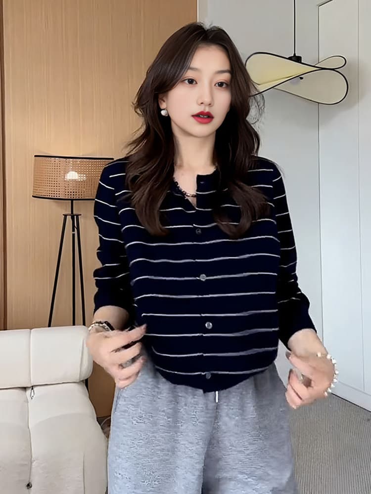 빅 사이즈 스트라이프 느긋한 스웨터 니트 스웨터 여성 가을 의상 새로운 지방 mm 루즈핏 표지 배 슬림해 보이는 인사이드 가져 가라. 외출용 맨위 이미지 3