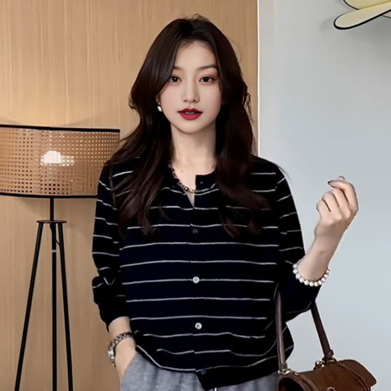 빅 사이즈 스트라이프 느긋한 스웨터 니트 스웨터 여성 가을 의상 새로운 지방 mm 루즈핏 표지 배 슬림해 보이는 인사이드 가져 가라. 외출용 맨위 이미지 5