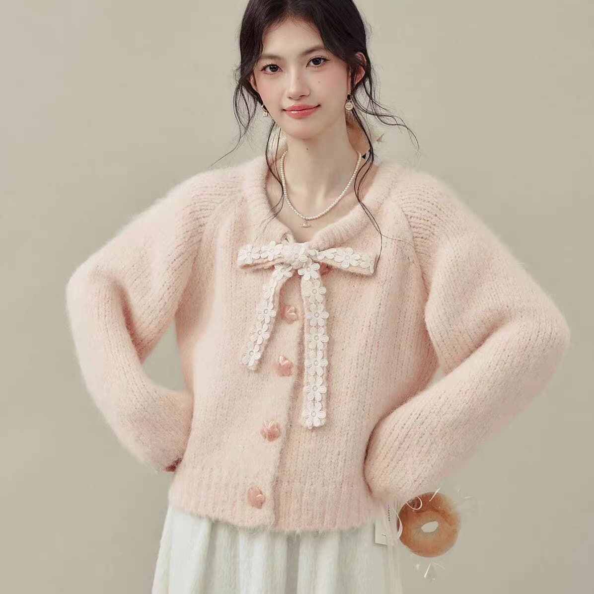 나비 매듭 스트랩 여성 가을 겨울철 핑크색 스웨터 모직물 오픈 가디건 인사이드 잡아라. 의류 이미지 5