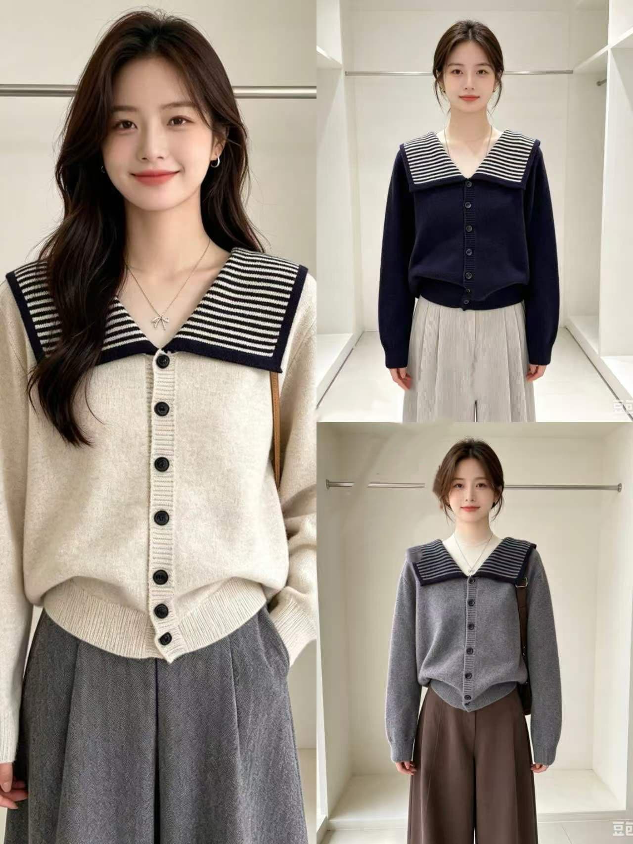 한 부서 빅 사이즈 지방 mm 느긋한 루즈핏 슬림해 보이는 해군 칼라 니트 오픈 가디건 맨위 봄 연령 감소 스웨터 여성 코트