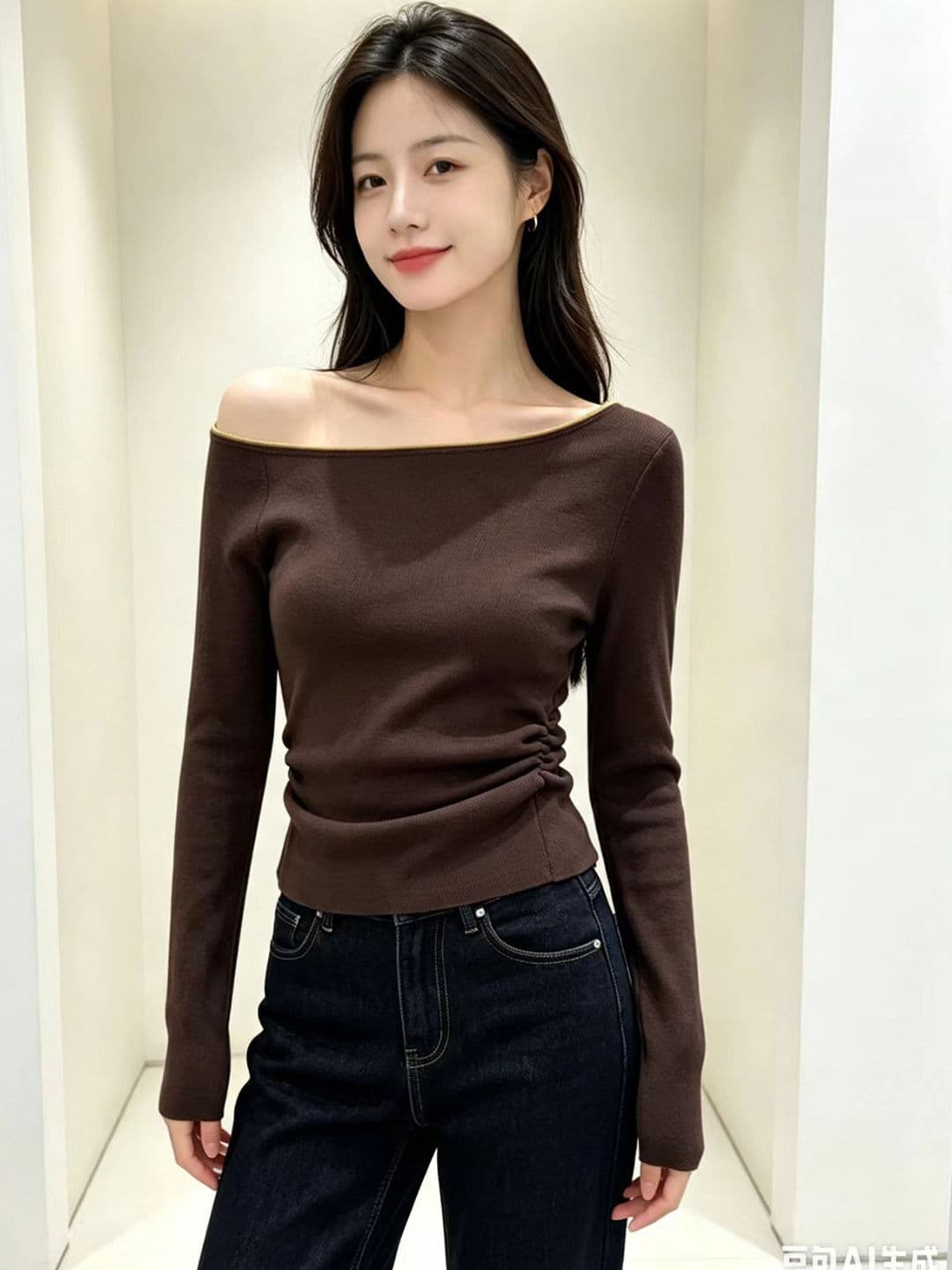 고급 센스 비스듬한 어깨 니트 스웨터 여성 긴 소매 오프숄더 몸매 가꾸기 디자인 센스 인사이드 가져 가라. 기본 셔츠 아메리칸 핫걸 맨위 이미지 2
