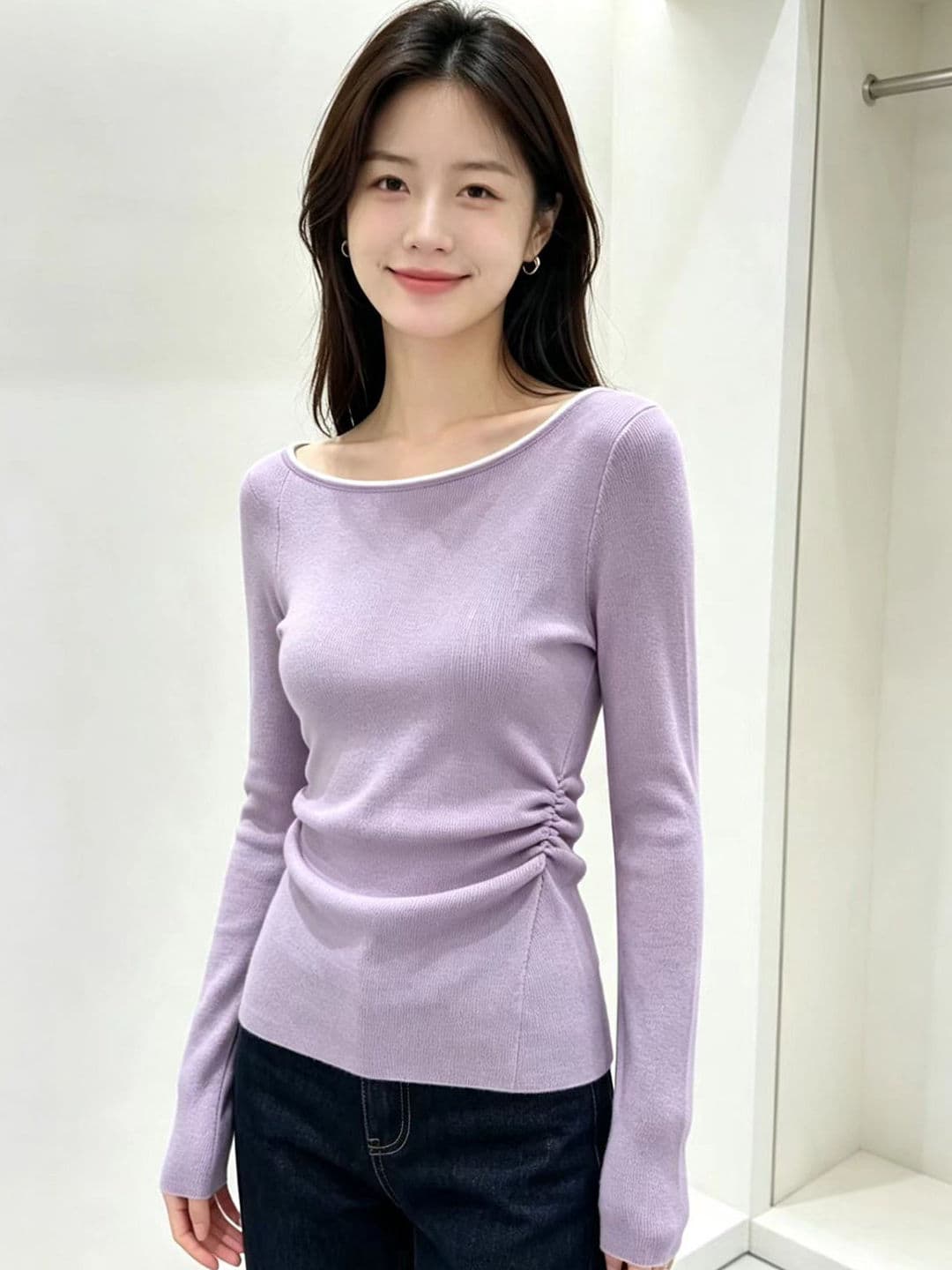 고급 센스 비스듬한 어깨 니트 스웨터 여성 긴 소매 오프숄더 몸매 가꾸기 디자인 센스 인사이드 가져 가라. 기본 셔츠 아메리칸 핫걸 맨위 상세 이미지 4