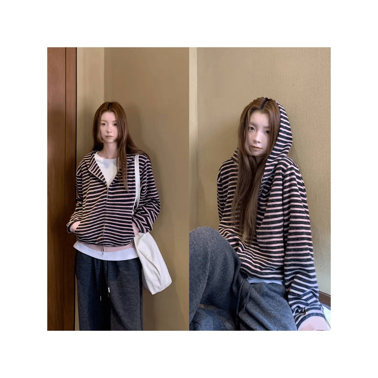 한 부서 레트로 분말 블랙 스트라이프 후드 오픈 가디건 여성 코트 루즈핏 느긋한 바람 다용도 지퍼 긴팔 맨위 이미지 5