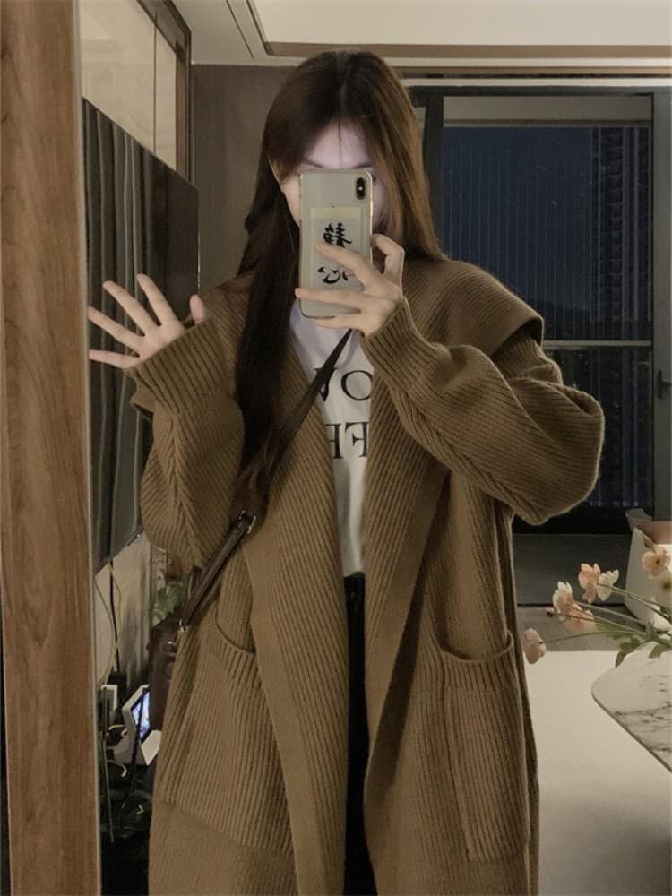 루즈핏 느긋한 바람 롱 코트 스웨터 오픈 가디건 여성 코트 봄 가을 빅 사이즈 통통한 여동생 슬림해 보이는 아름다움 라드. 니트 맨위 상세 이미지 3