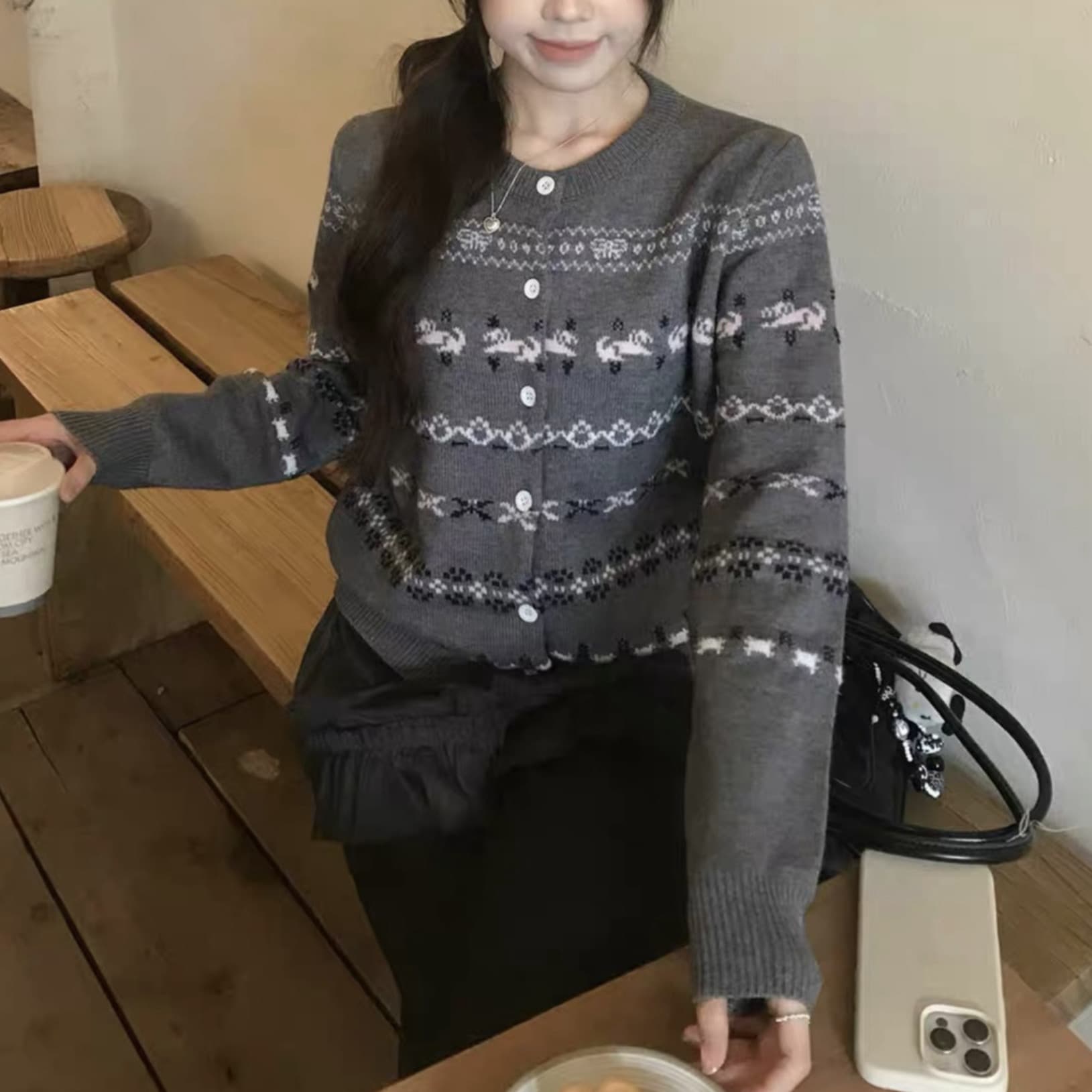 회색 레트로 공정한 섬 니트 오픈 가디건 여자 2026 가을 새로운 느긋한 바람 외국 가스 아름다운 맨위 이미지 4