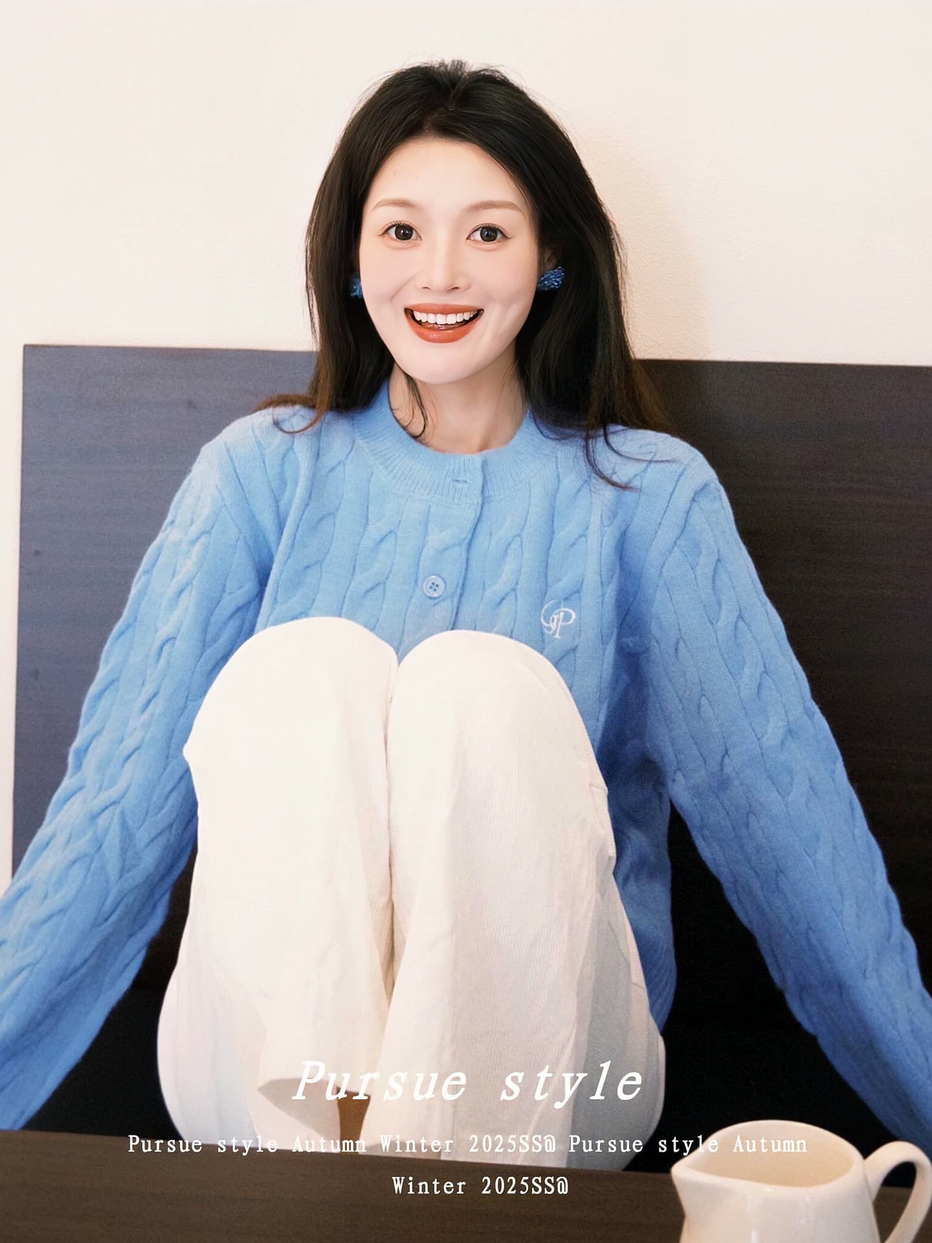 웨이 란 마음의 상태 파란색 꽈배기 스웨터 여성 코트 가을 겨울 라운드 넥 니트 오픈 가디건 캐주얼 다용도 맨위 트렌디 이미지 2