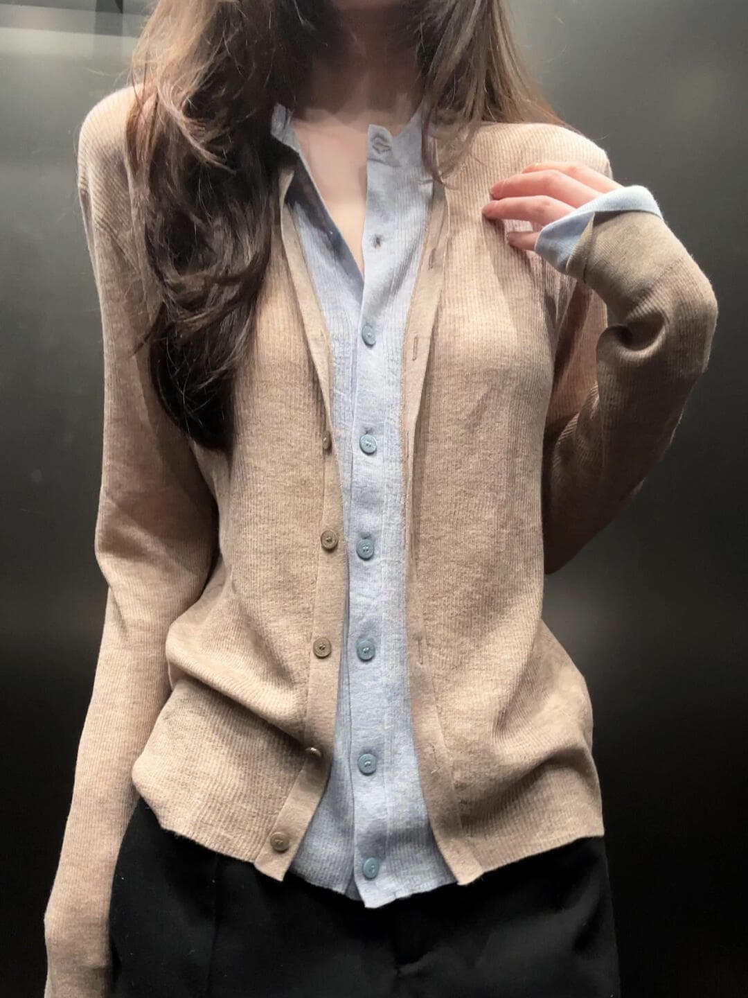 한 부서 느긋한 바람 긴팔 니트 오픈 가디건 여성 여름 얇은 스타일 루즈핏 캐주얼 디자인 센스 페이크 레이어드 맨위 상세 이미지 4